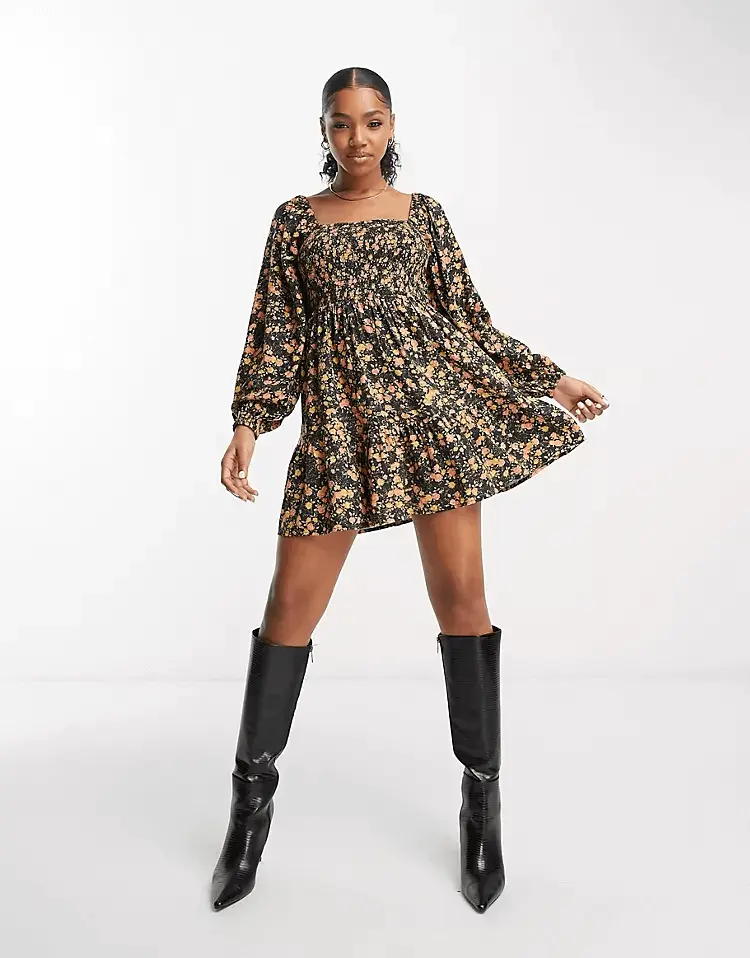 

Платье-мини с пышными рукавами Miss Selfridge, мультиколор