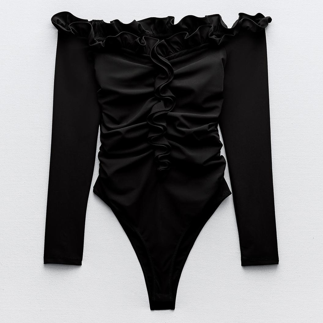 Боди-комбинезон Zara Draped With Ruffles, черный блуза zara lace with ruffles черный