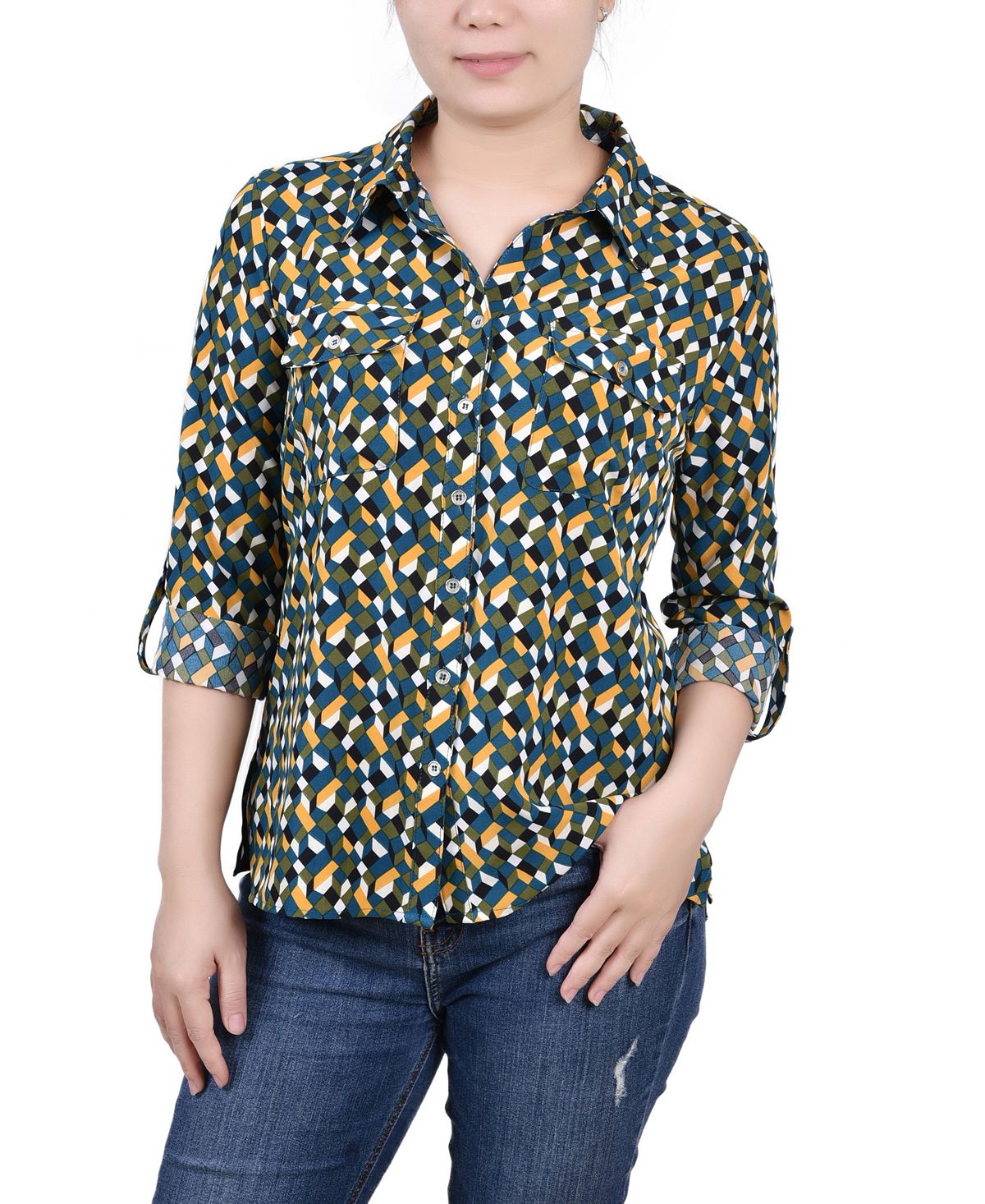 Женская рубашка с отворотом 3/4 и карманами NY Collection, мульти блуза freya collection милителла