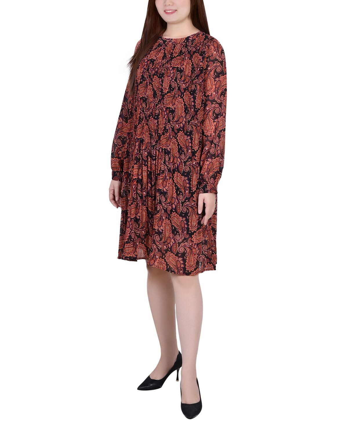 

Миниатюрное плиссированное платье с длинными рукавами NY Collection, мульти