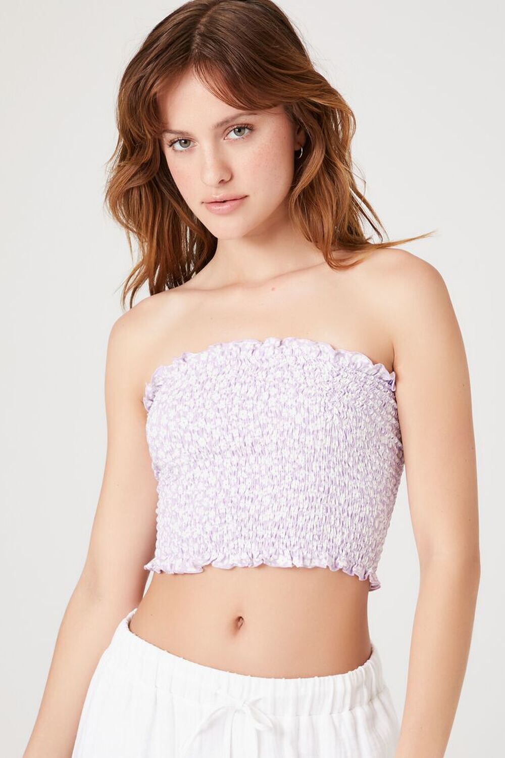 

Топ-труба с цветочным принтом и оборками Forever 21, лавандовый