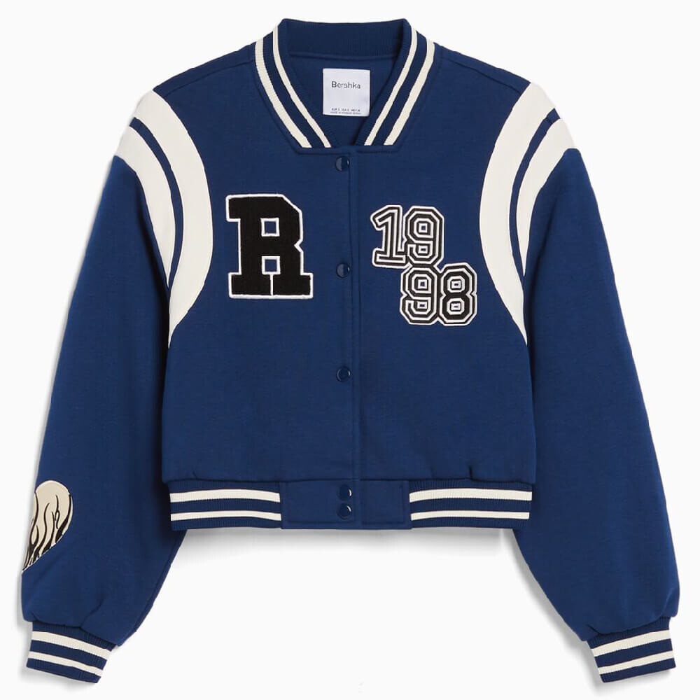 

Куртка Bershka Cropped Varsity, синий/белый