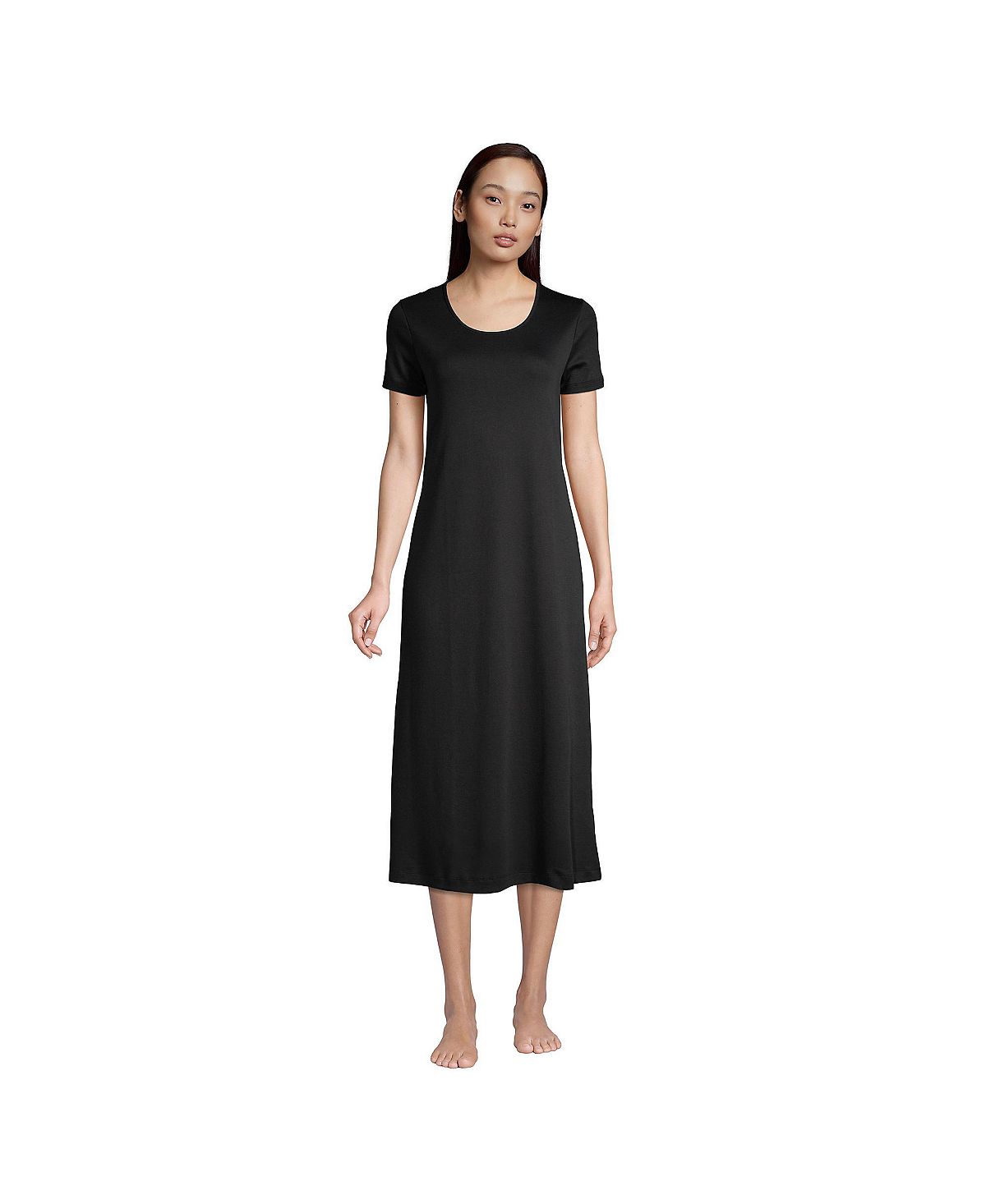 Женское хлопковое ночное платье до середины икры с короткими рукавами Supima Lands' End, черный