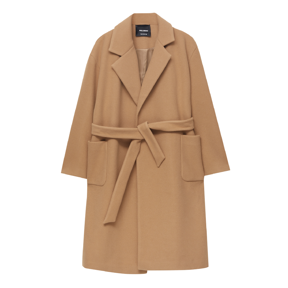 пальто женское длинное с объемными карманами и поясом цвет – молочный Пальто Pull&Bear Long Felt Texture With Belt, коричневый