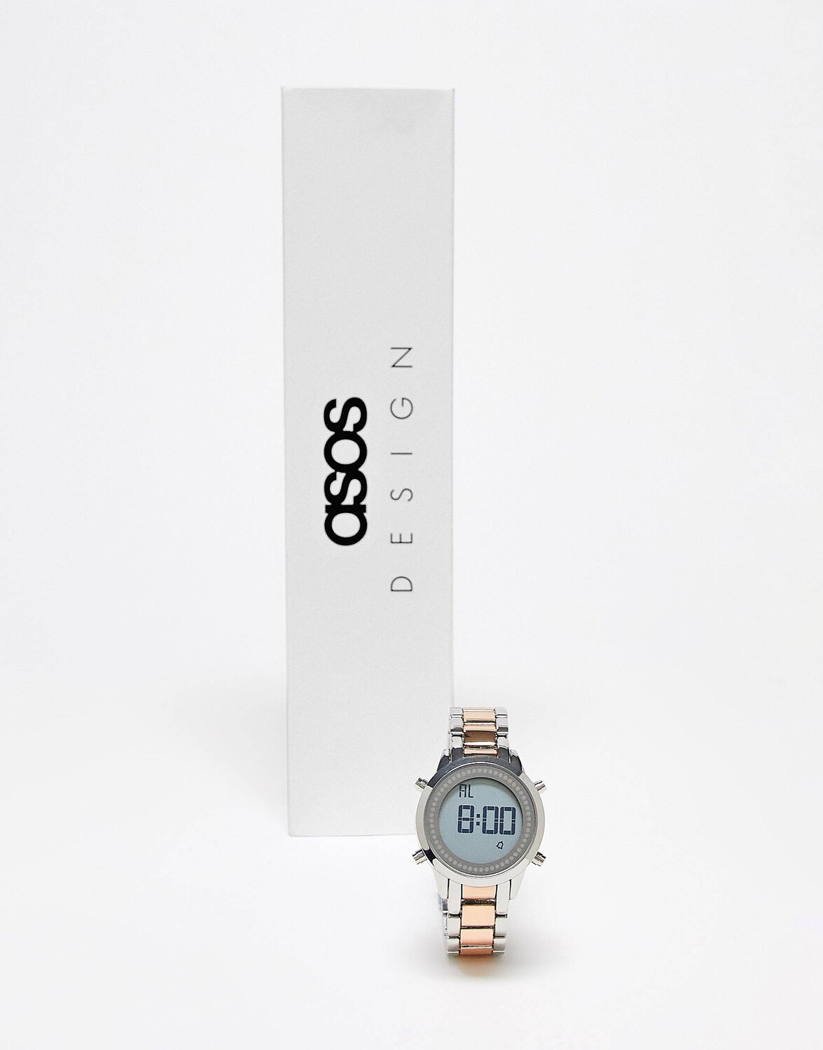 

Серебряные часы унисекс с цифровым браслетом ASOS DESIGN с деталями из розового золота