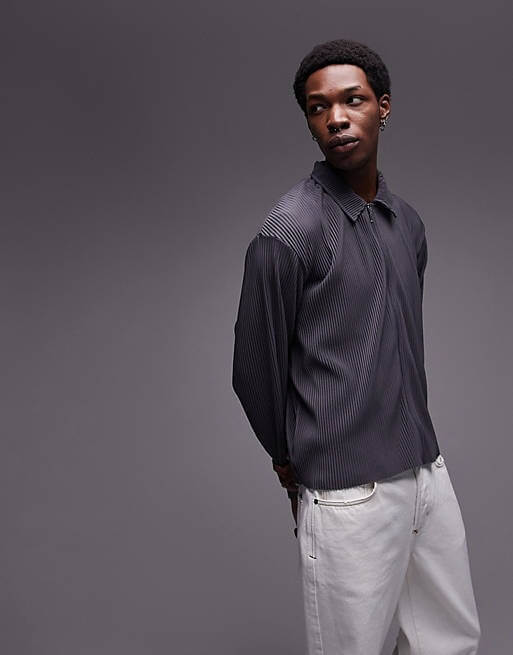 цена Рубашка-поло Topman Pleated Oversize With Long Sleeves And Zip Fastening, темно-серый