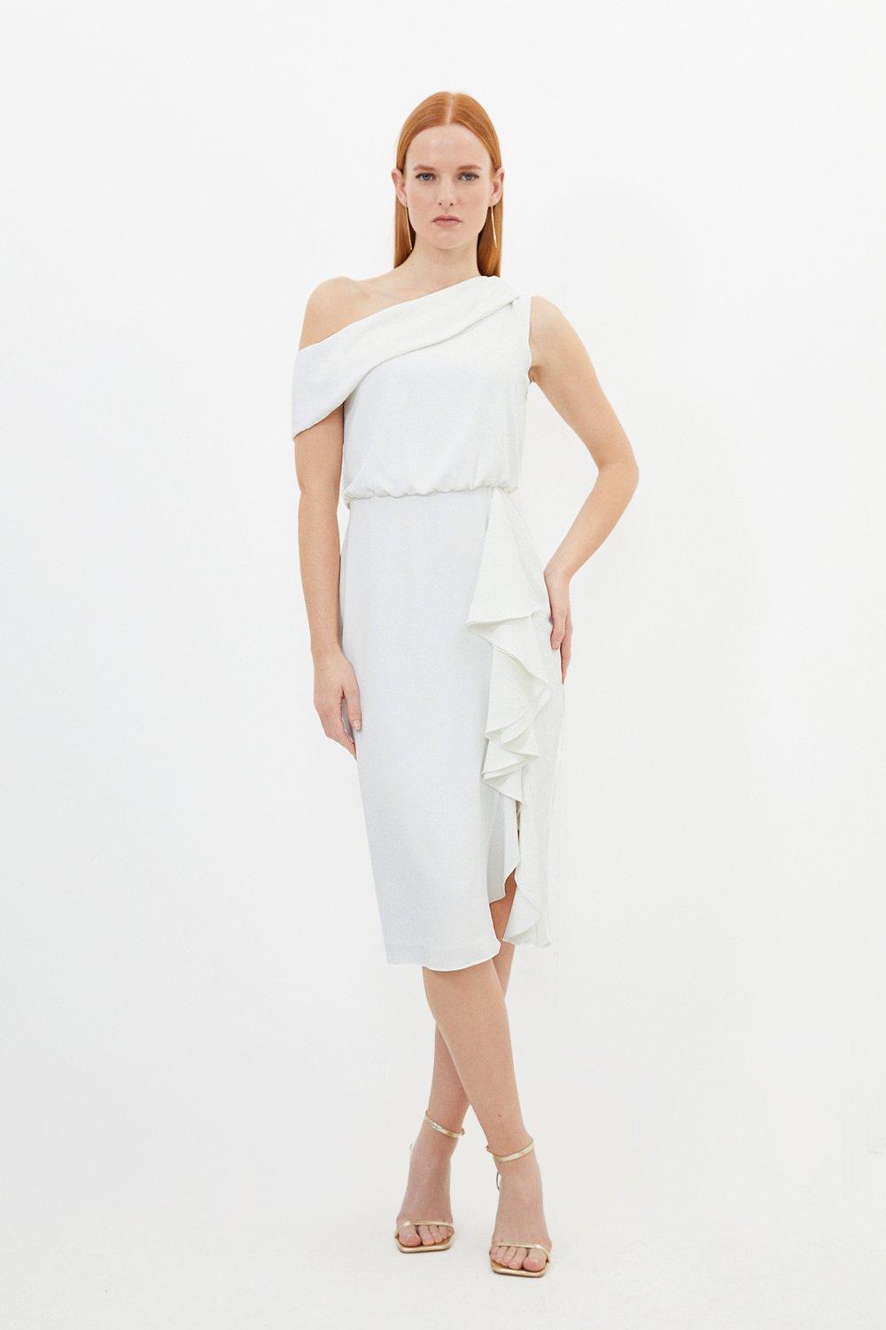 Платье миди из крепа премиум-класса с асимметричным вырезом и драпировкой Karen Millen, белый шифоновое платье миди бандо с асимметричным подолом и драпировкой misspap белый