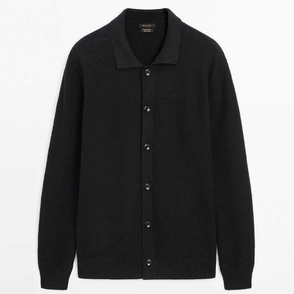 Кардиган Massimo Dutti Textured With Polo Collar And Buttons, черный кардиган женский massimo dutti размер s