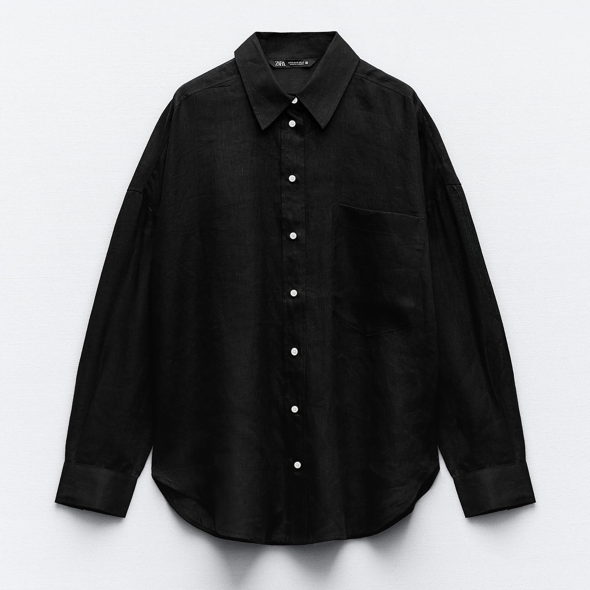 Рубашка Zara 100% Linen Basic, черный рубашка zara linen оливковый