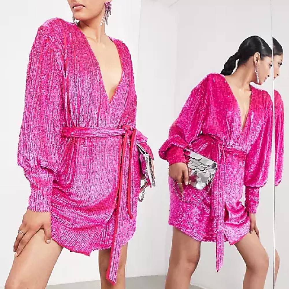 Платье Asos Edition Sequined Wrap, ярко-розовый фото