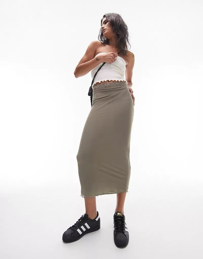 

Зеленая юбка миди с широкой кружевной отделкой Topshop