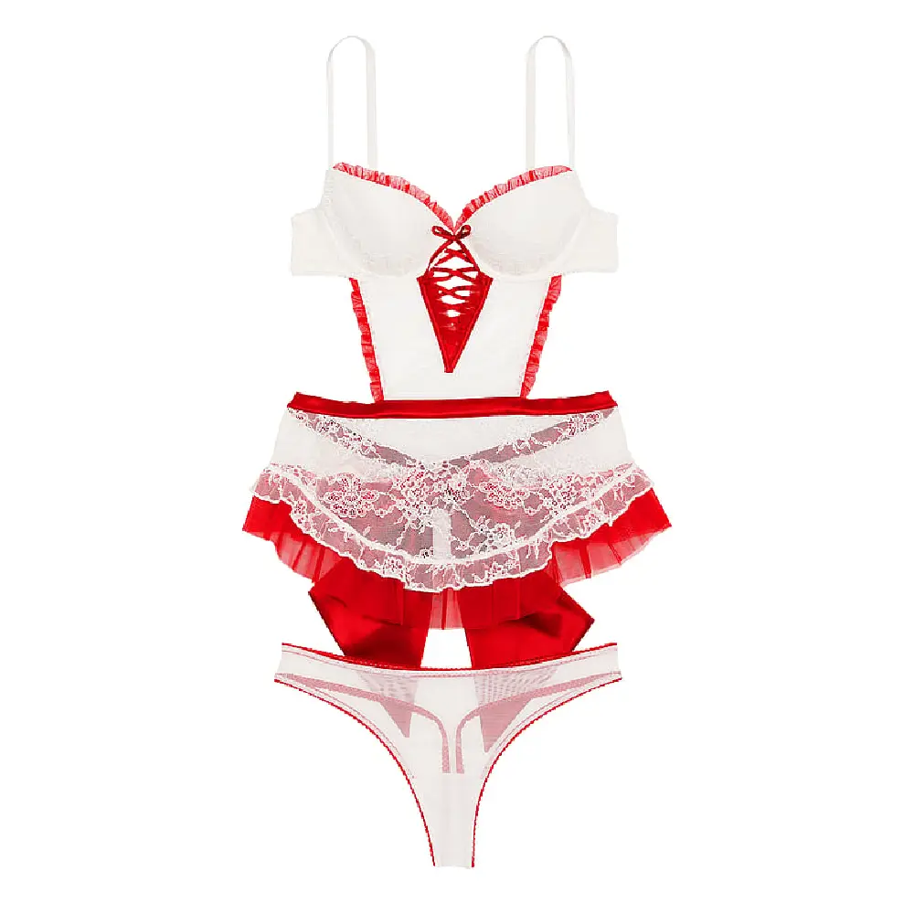 

Комплект нижнего белья Victoria's Secret Very Sexy Wicked La Fleur Open Back, белый/красный