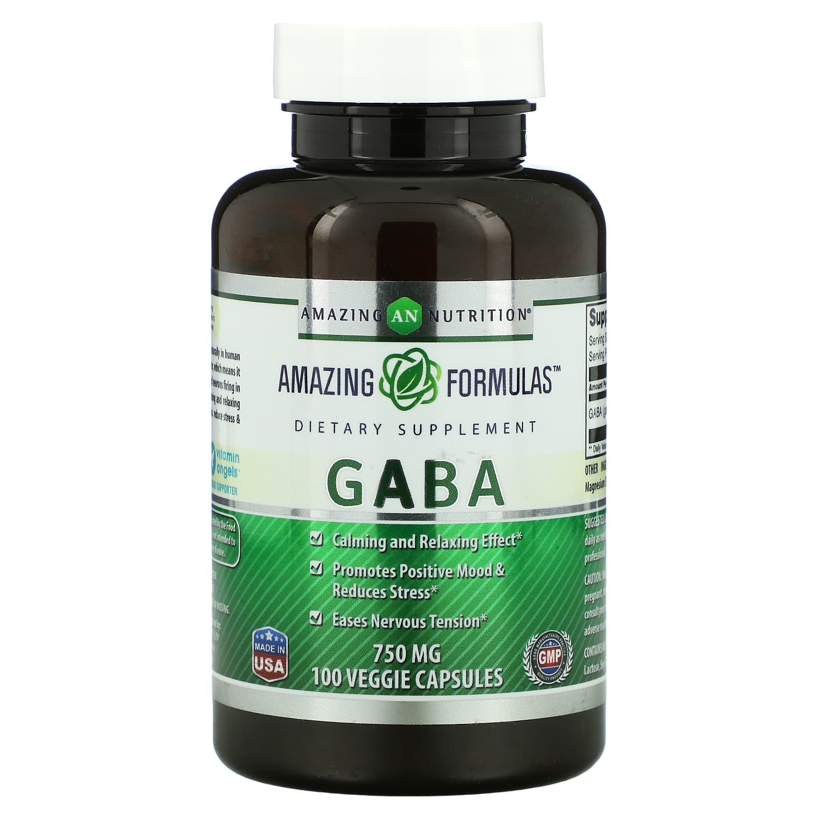 Габа Amazing Nutrition, 100 вегетарианских капсул amazing herbs black seed original plain 100 вегетарианских капсул