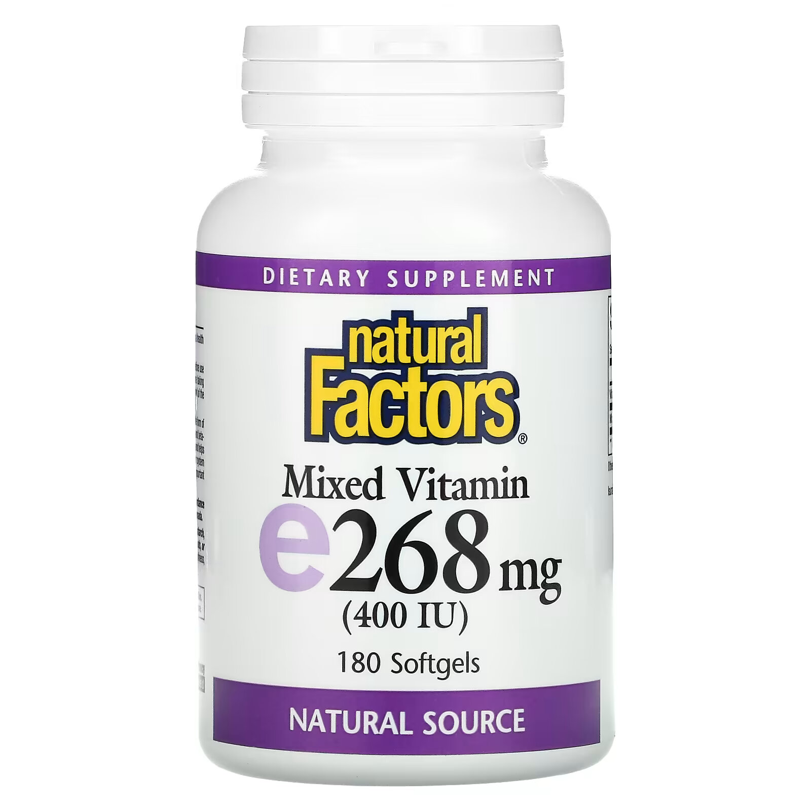 Natural Factors, смесь витаминов E, 268 мг (400 МЕ), 180 капсул natural factors смесь витаминов витамин e 200 ме 90 мягких таблеток