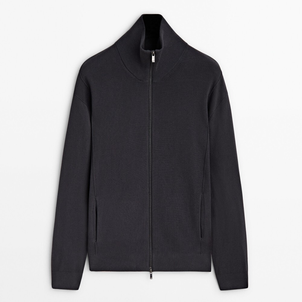 

Кардиган Massimo Dutti Milano Knit With A Mock Neck And Zip, темно-серый