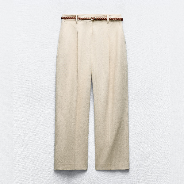 Брюки Zara Linen Blend Straight With Braided Belt, светло-бежевый