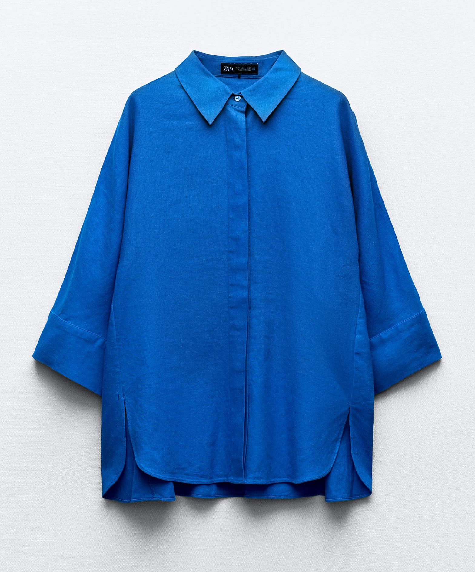 Рубашка Zara Oversize Linen Blend, синий рубашка zara linen blend with vents серый