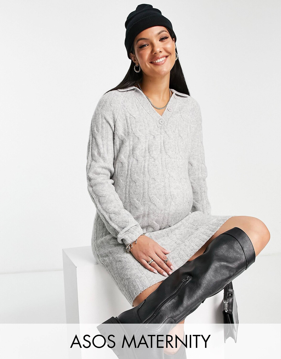 

Серое трикотажное платье мини с косами и открытым воротником ASOS DESIGN Maternity Maternity, Серый