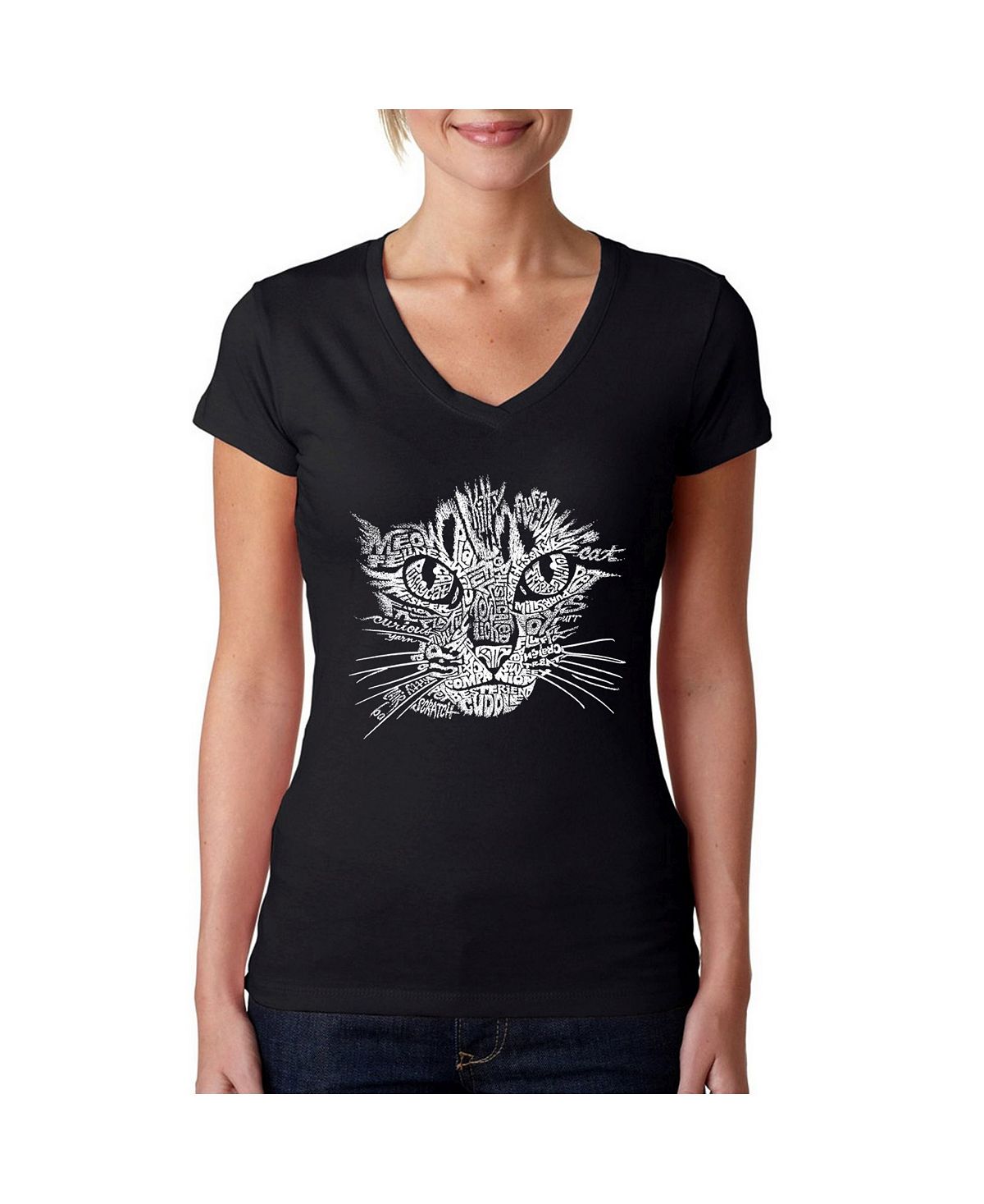 Женская футболка word art с v-образным вырезом - кошачья морда LA Pop Art, черный