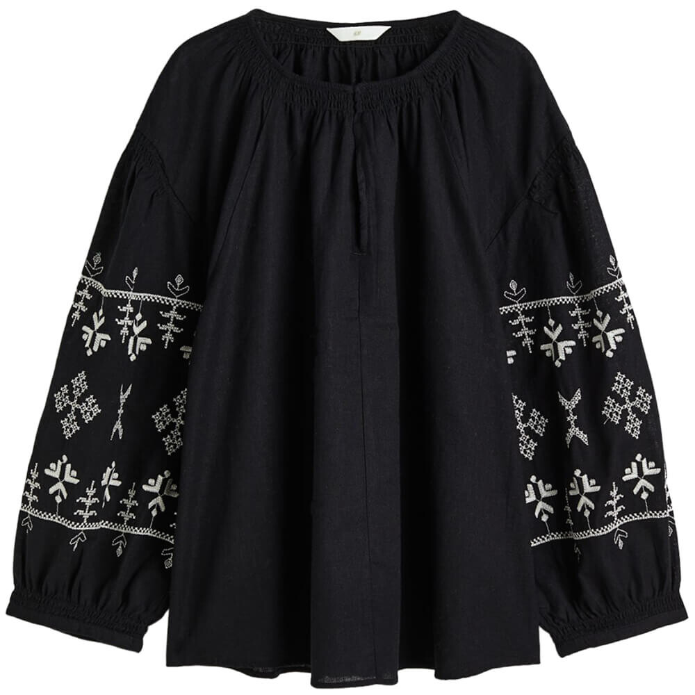 

Блузка H&M Linen-blend Embroidered, черный/белый