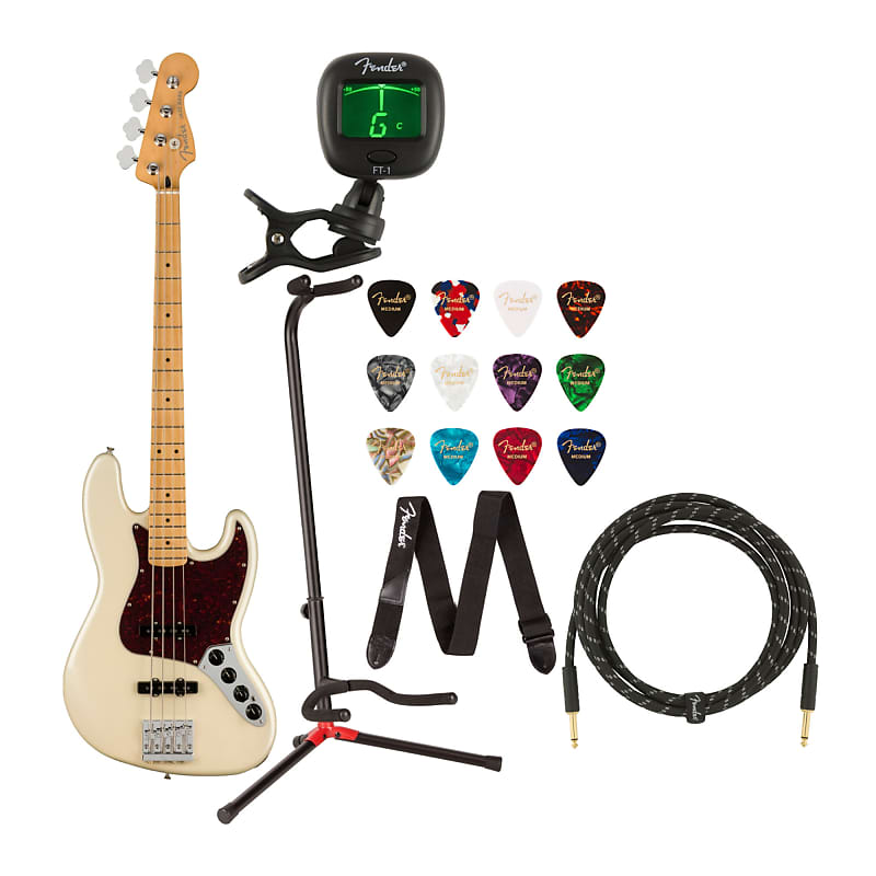 Fender Player Plus 4-струнная джазовая бас-гитара с кленовым грифом (для правой руки, олимпийская жемчужина) Комплект с кабелем, подставкой, тюнером, струнами, ремнем, обучающей книгой, медиаторами и предоплаченной картой цена и фото