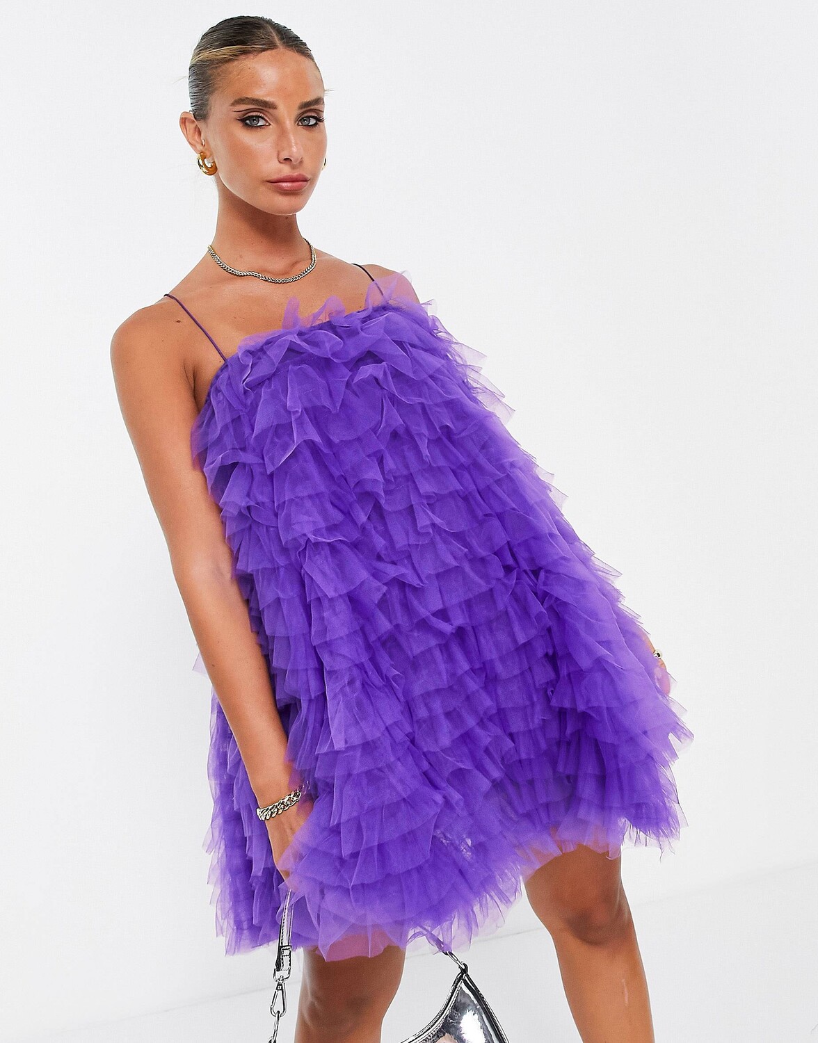 

Фиолетовое платье мини из тюля с трапецией на бретельках ASOS EDITION