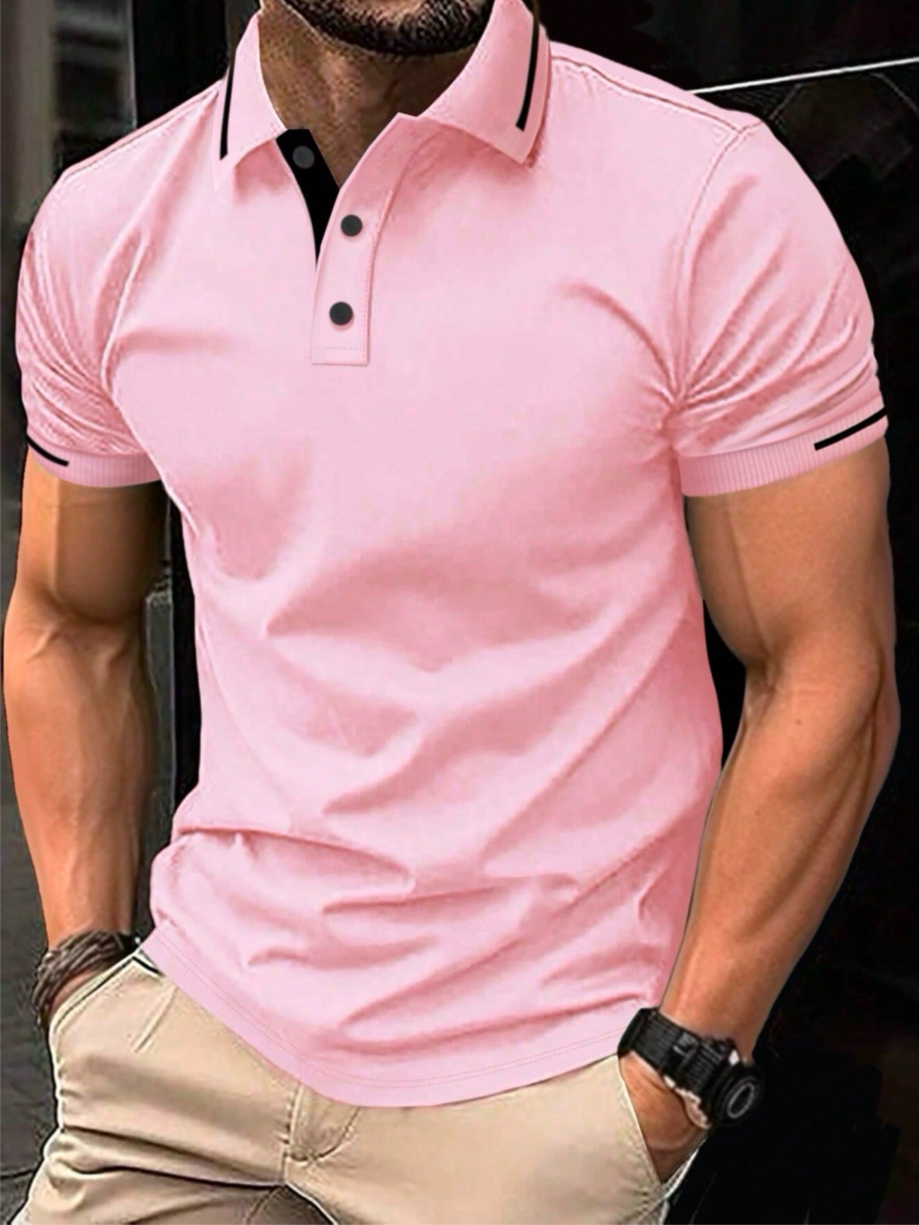 Мужская однотонная рубашка-поло с короткими рукавами, розовый