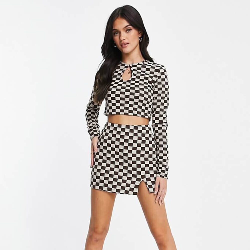 

Топ Pull&Bear Long Sleeve Checkerboard Crop, коричневый