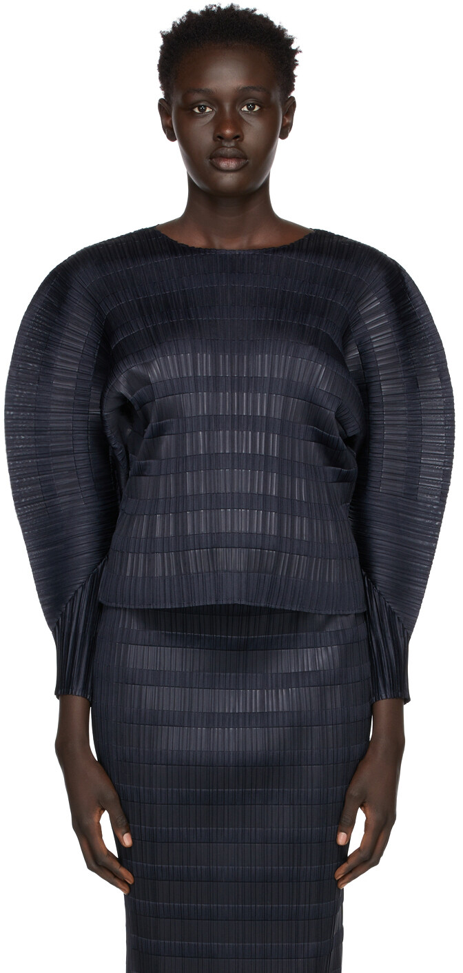 

Темно-синяя вафельная блуза Pleats Please Issey Miyake