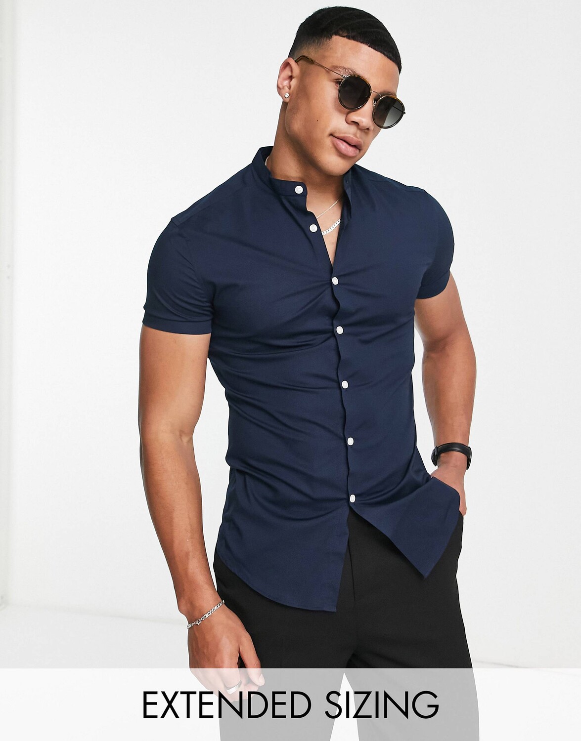 

Темно-синяя рубашка скинни с воротником-стойкой ASOS DESIGN