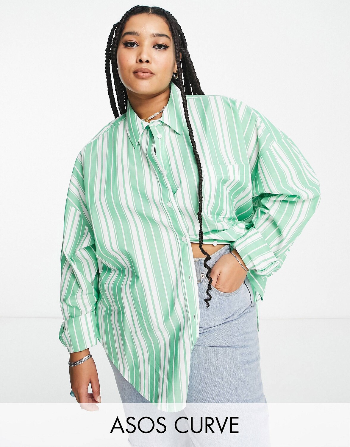 

Рубашка оверсайз в яблочно-зеленую полоску ASOS DESIGN Curve
