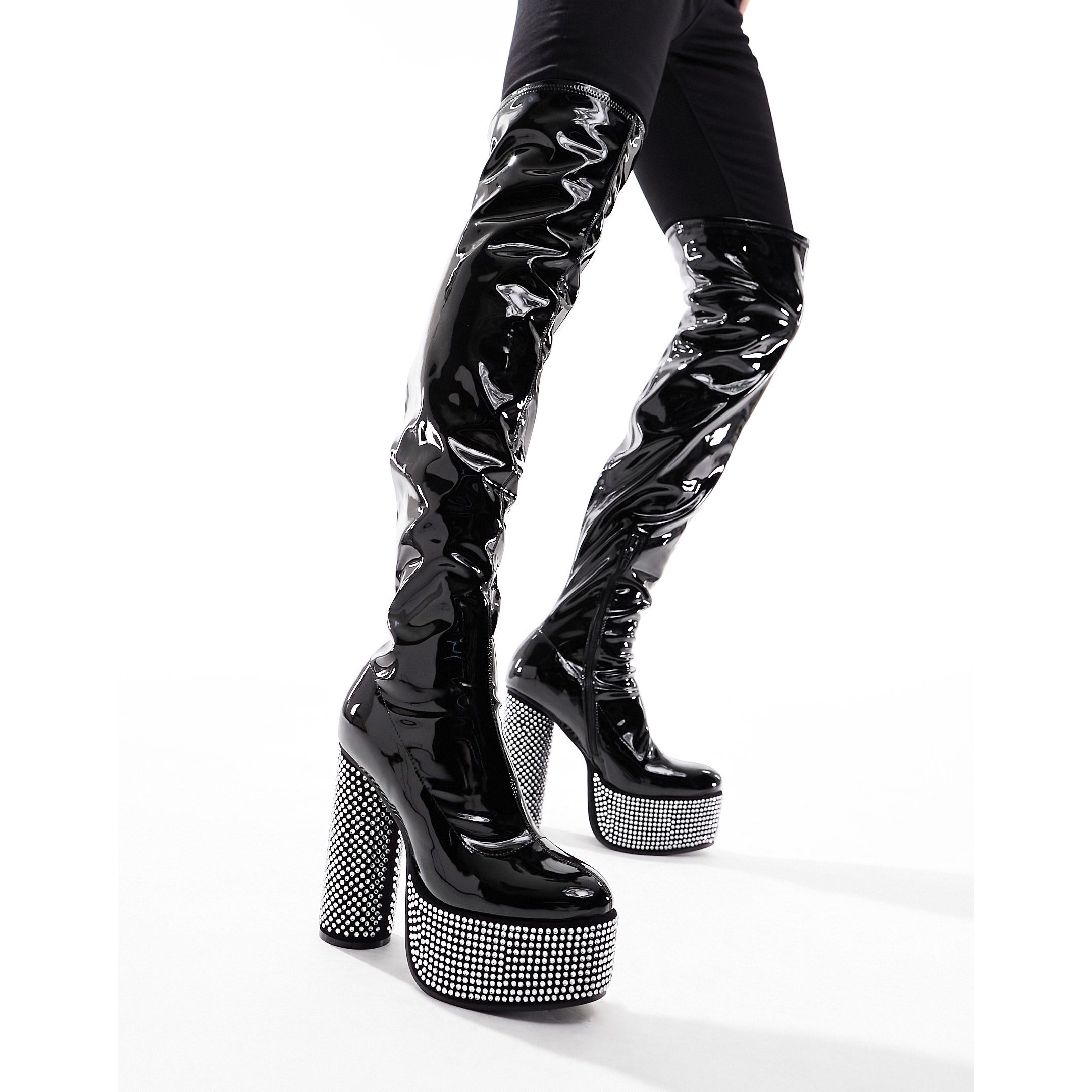 Ботфорты Asos Design Over The Knee Patent Faux Leather With Diamante Details, черный