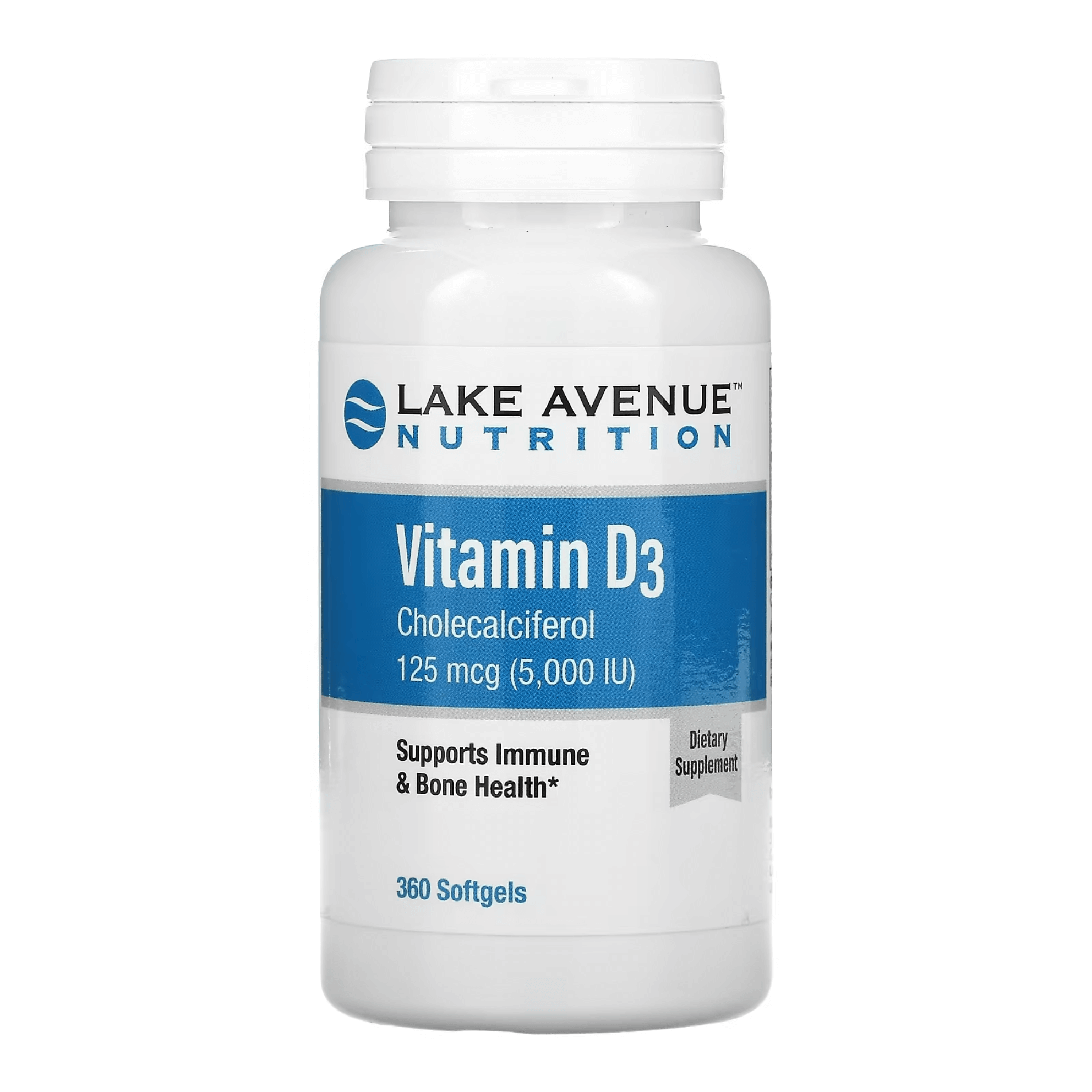 Витамин D3 Lake Avenue Nutrition, 125 мкг (5000 МЕ), 360 капсул витамин d3 125 мкг 5000 iu lake avenue nutrition 360 капсул препарат для костей зубов суставов иммунитета