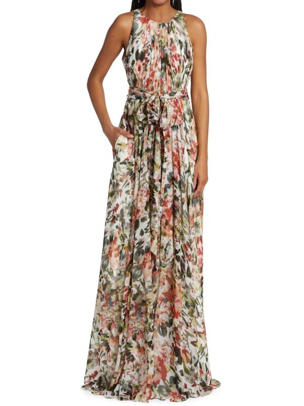 

Плиссированное платье с цветочным принтом Badgley Mischka White multi