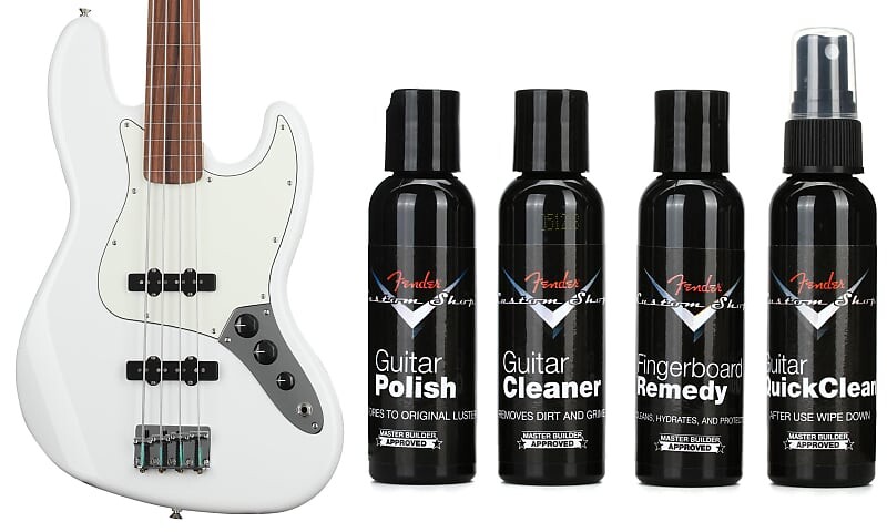 

Fender Player Fretless Jazz Bass - Polar White с Pau Ferro Комплект накладки на гриф с Fender Custom Shop Deluxe Guitar Care System - 4-Pack 0149933515=1 0990539000=1