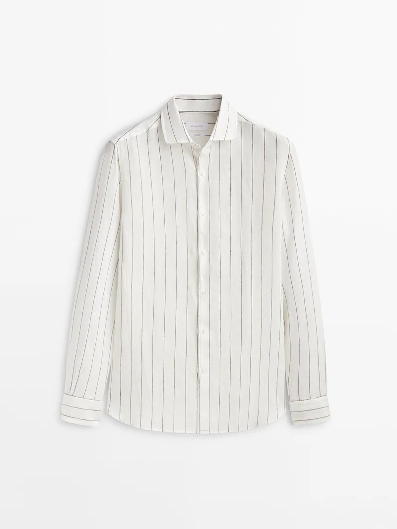 

Рубашка стандартного кроя в полоску из смеси хлопка и льна Massimo Dutti, коричневый