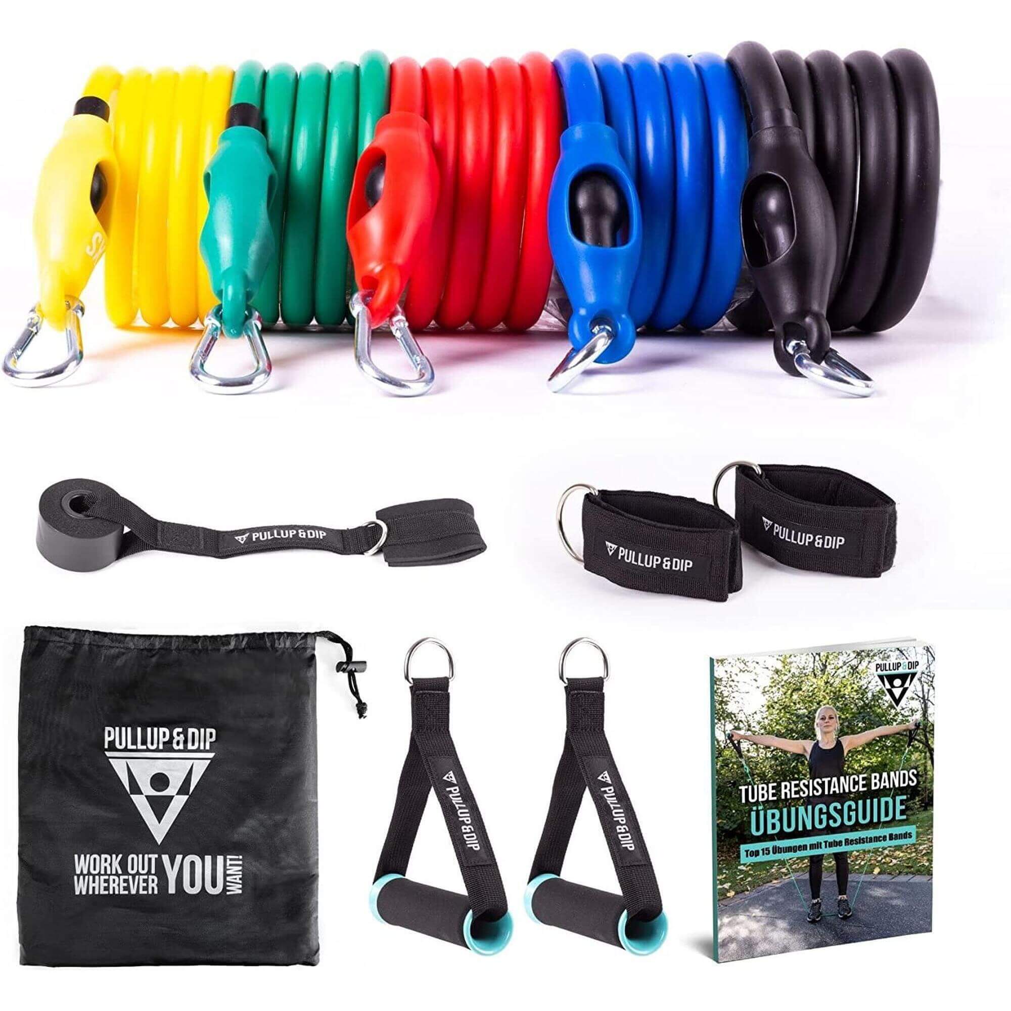Набор из 5 лент сопротивления с ручками, дверным анкером, ремешками для ног и спортивной сумкой PULLUP & DIP, красочный цена и фото