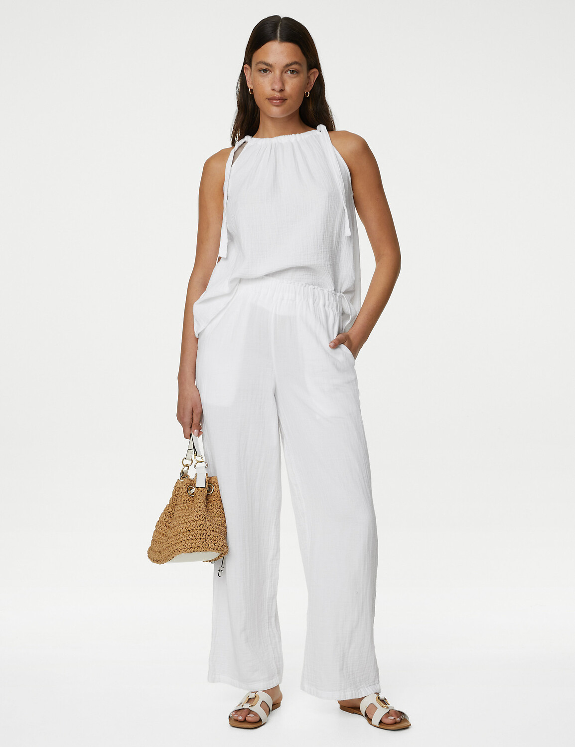 

Широкие брюки из чистого хлопка Marks & Spencer, белый