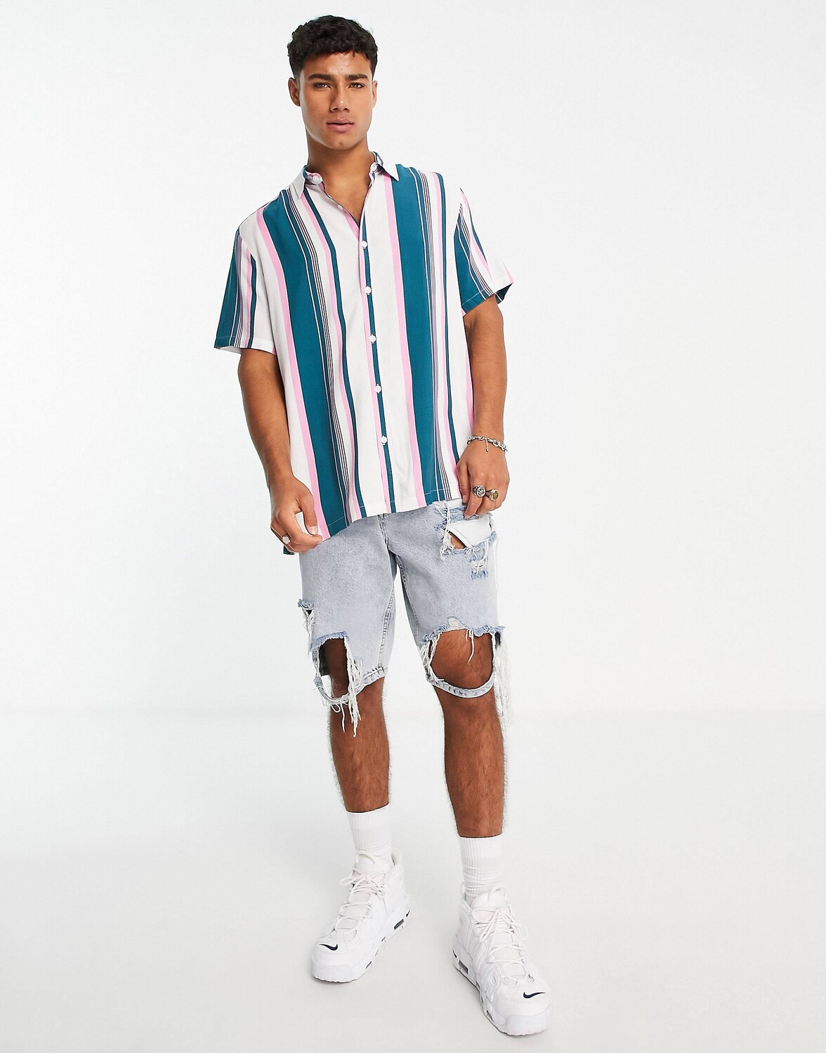 

Бело-бирюзовая рубашка свободного кроя в полоску ASOS DESIGN