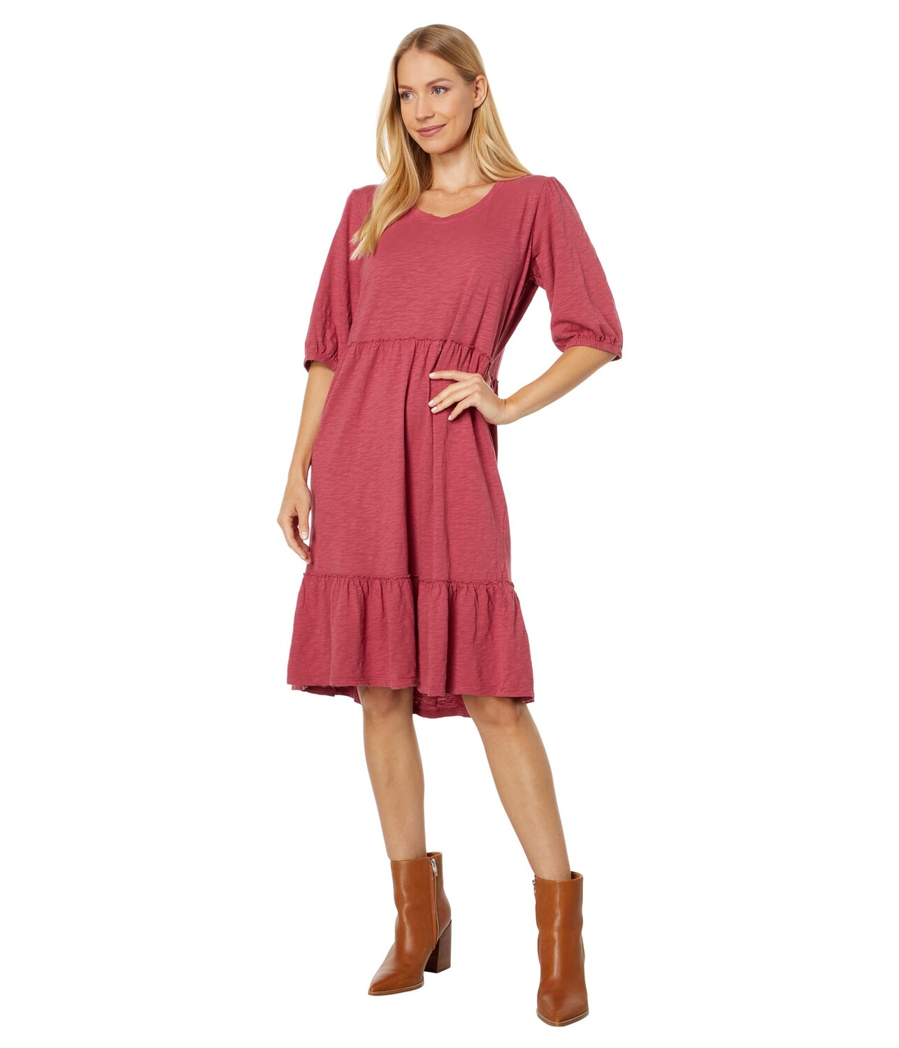 

Платье Mod-o-doc, Slub Jersey Short Sleeve Shirred Tiered Dress