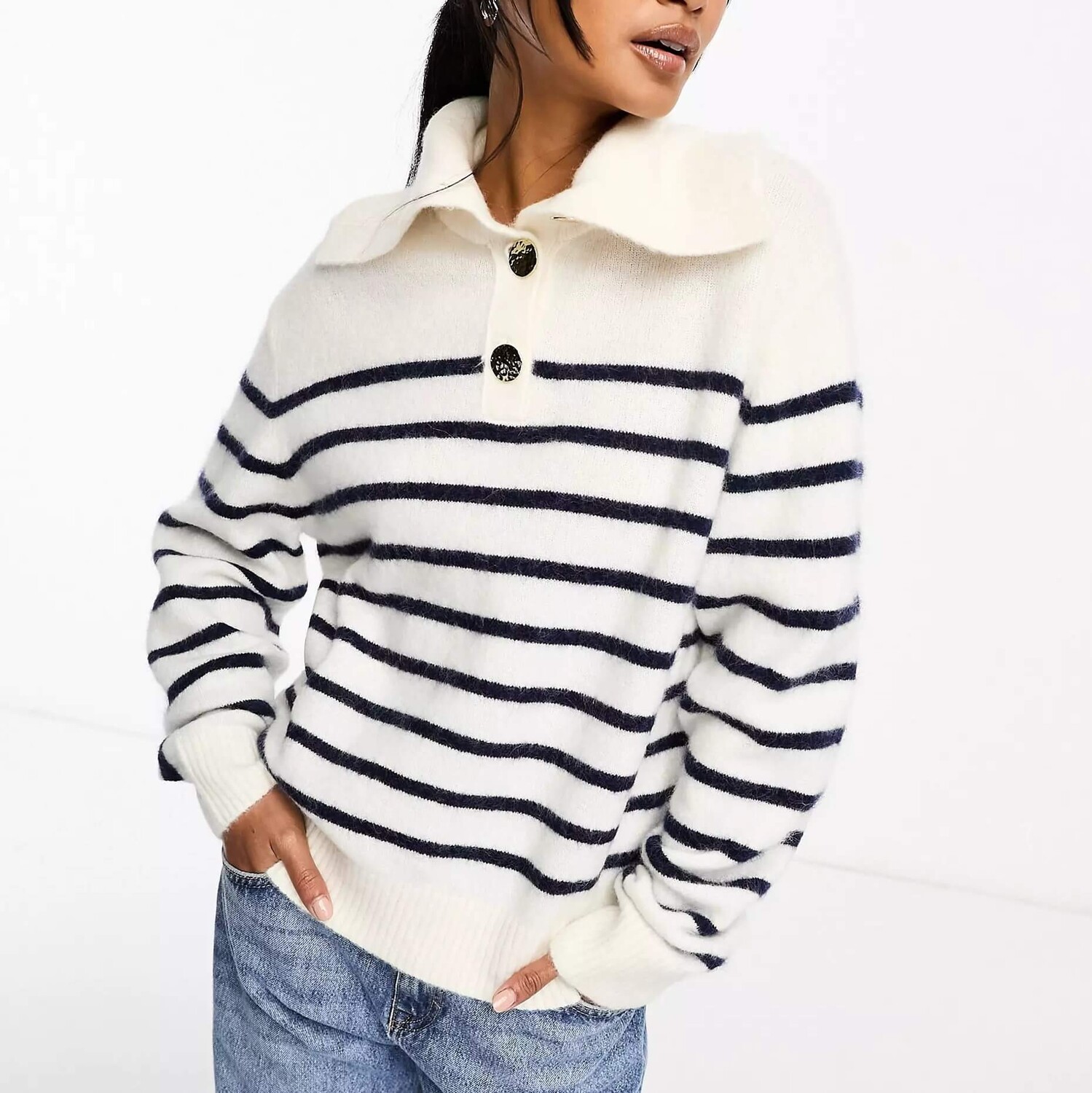 

Джемпер & Other Stories Alpaca And Wool Blend With Buttoned Collar In Stripe, белый