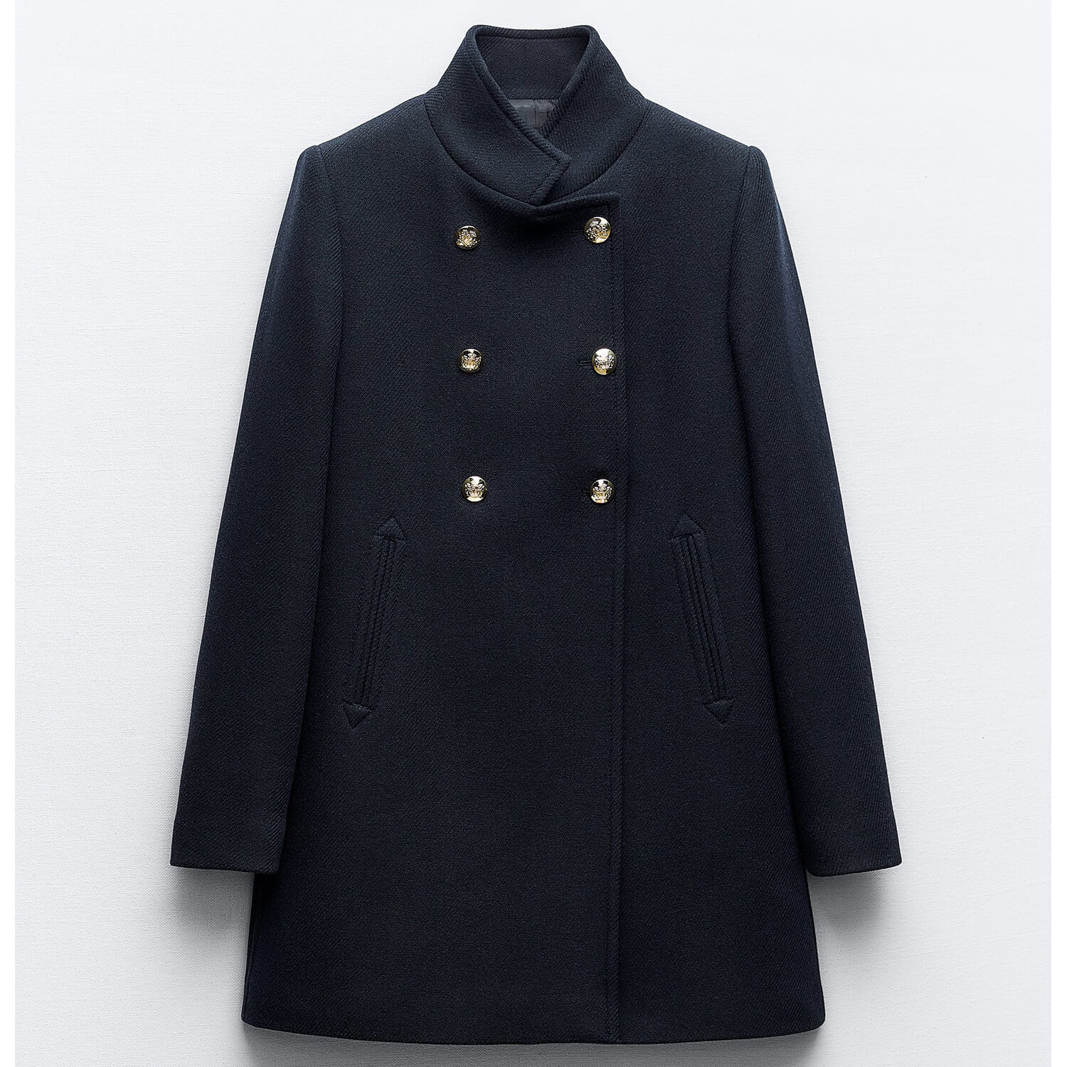Пальто Zara Double-Breasted High Neck Wool Blend, темно-синий пальто zara wool blend fitted черный