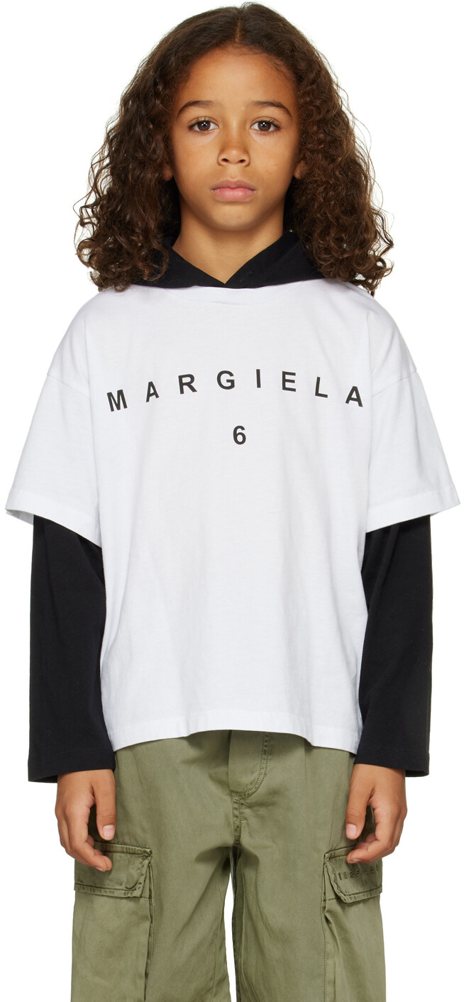 

Детская бело-черная многослойная толстовка с капюшоном MM6 Maison Margiela