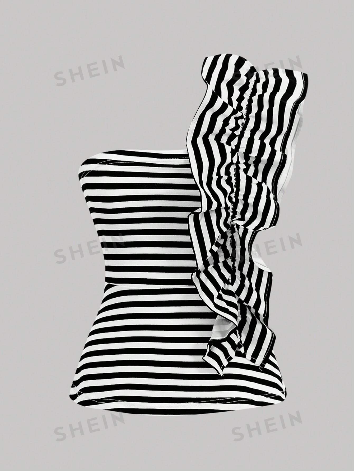 SHEIN MOD Женский полосатый топ с рюшами и подолом, черное и белое