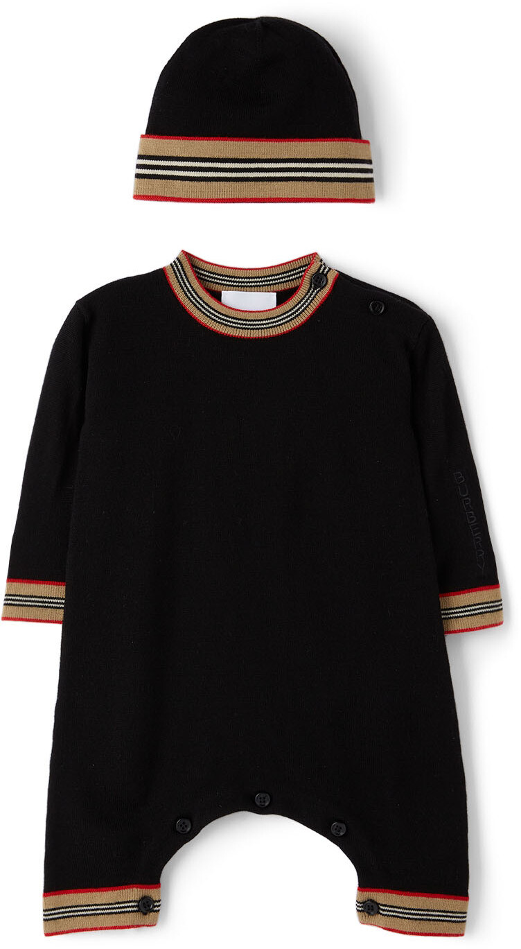 

Комплект из шерстяного боди и шапочки Baby Black в полоску черного цвета Burberry