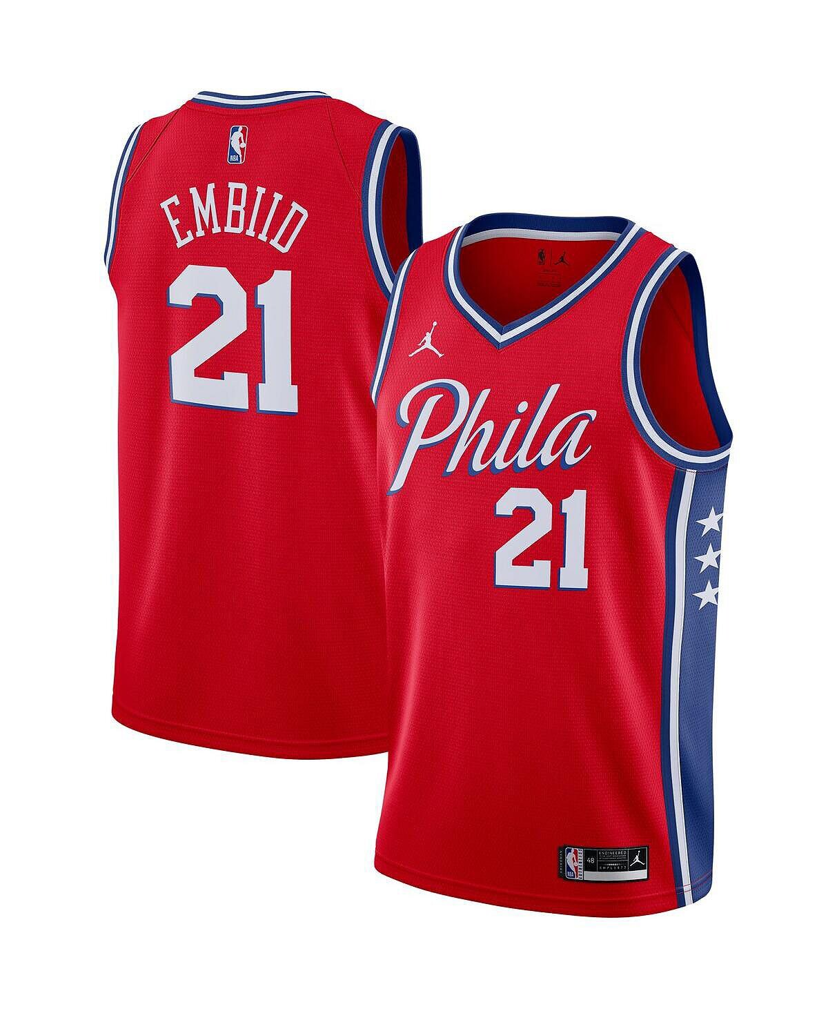 

Брендовая мужская футболка joel embiid red philadelphia 76ers 2020/21 swingman jersey - statement edition Jordan, красный