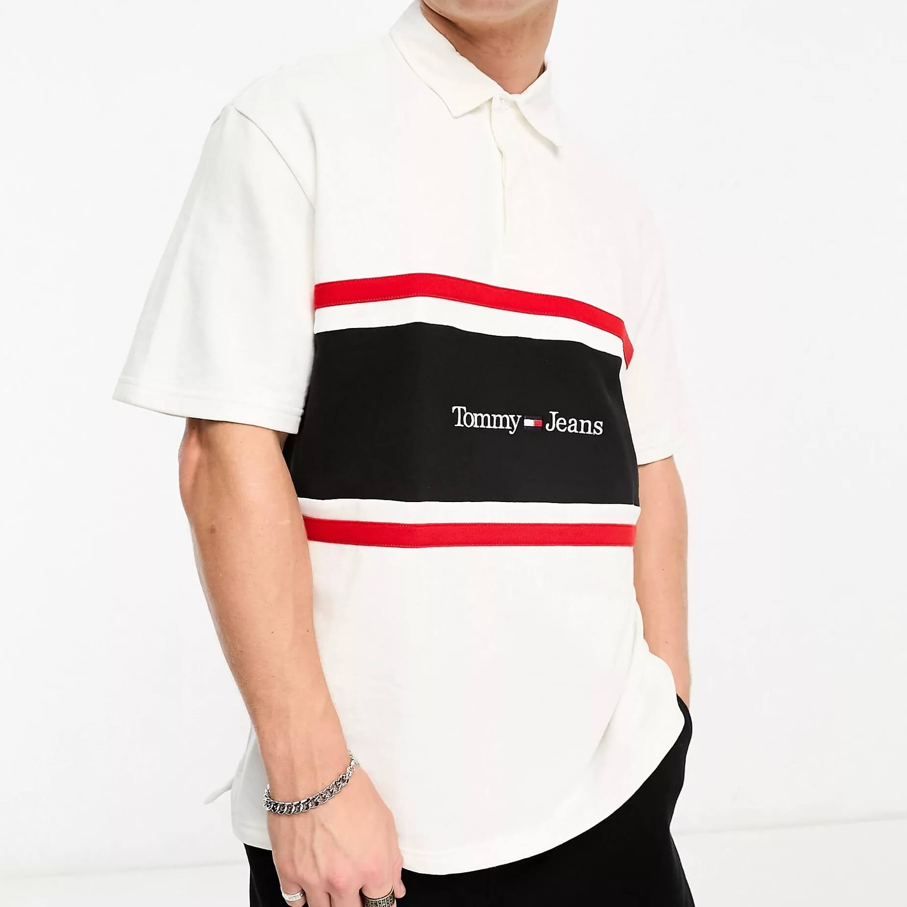 Футболка поло Tommy Jeans Vertical Stripe Logo, белый гавайская рубашка мужская с воротником модная винтажная блуза с отложным воротником повседневная с короткими рукавами на пуговицах 5xl н