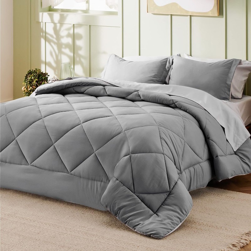 Комплект двуспального постельного белья Bedsure Queen, 7 предметов, серый