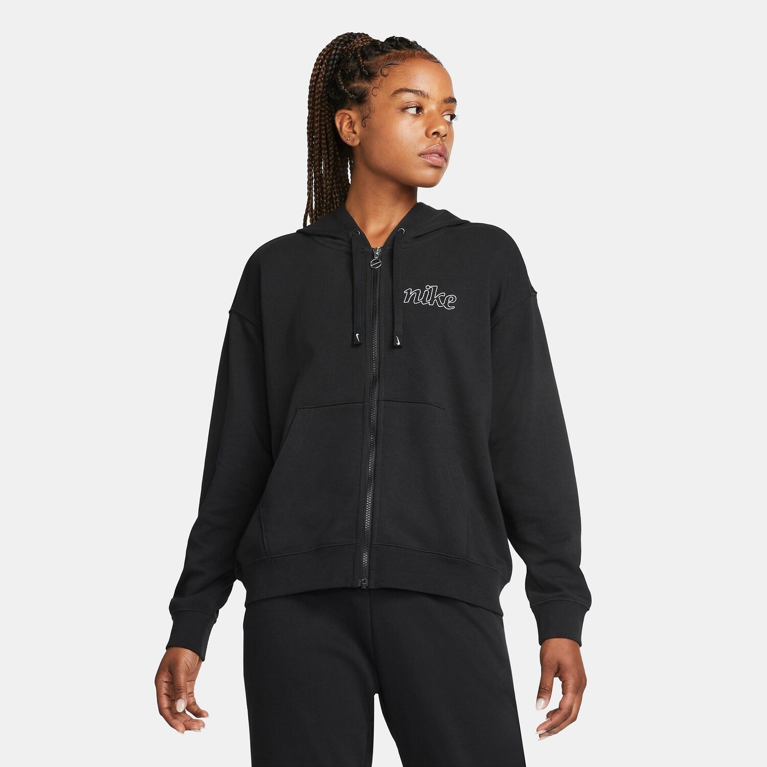 

Женская худи Nike Dri-FIT Get Fit с графическим принтом и молнией во всю длину, черный