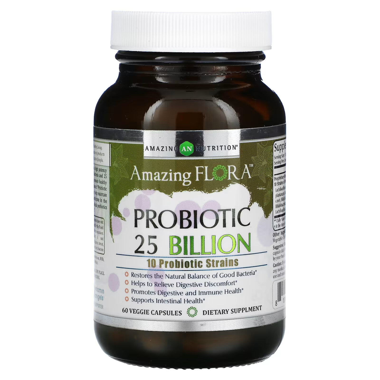 Amazing Nutrition, Amazing Flora, пробиотик, 25 млрд КОЕ, 60 растительных капсул futurebiotics пробиотик плюс пребиотик 25 млрд кое 60 вегетарианских капсул